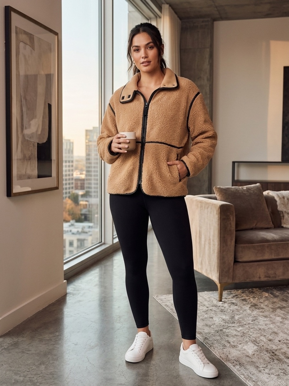 Fabletics “Teddy” Tan Sherpa Zip-Up Jacket with Contrast Trim